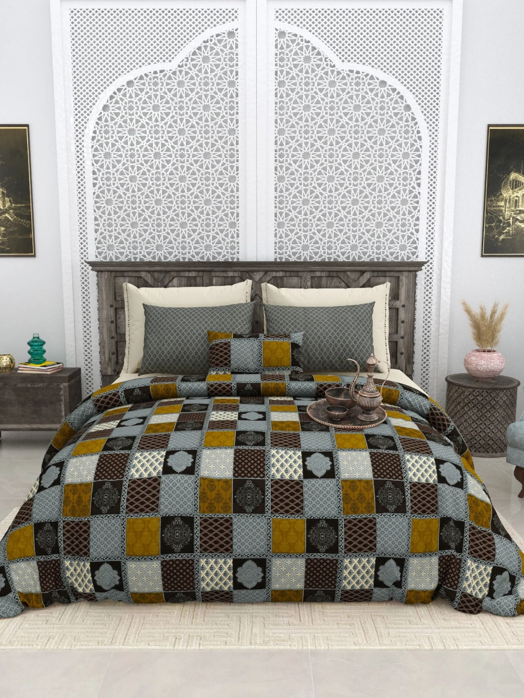 

LIVING ROOTS Super King Size Jaipur Block Print Cotton Double Bedsheet & 2 Pillow Covers, Grey