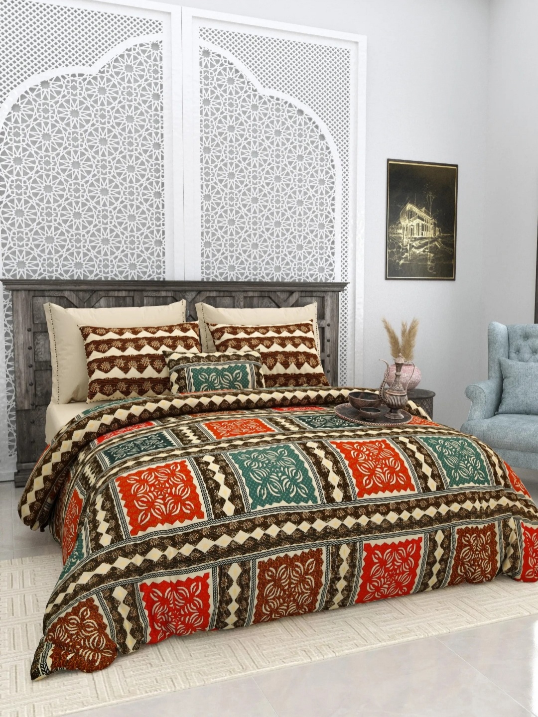 

LIVING ROOTS Super King Size Jaipur Block Print Cotton Double Bedsheet & 2 Pillow Covers, Red