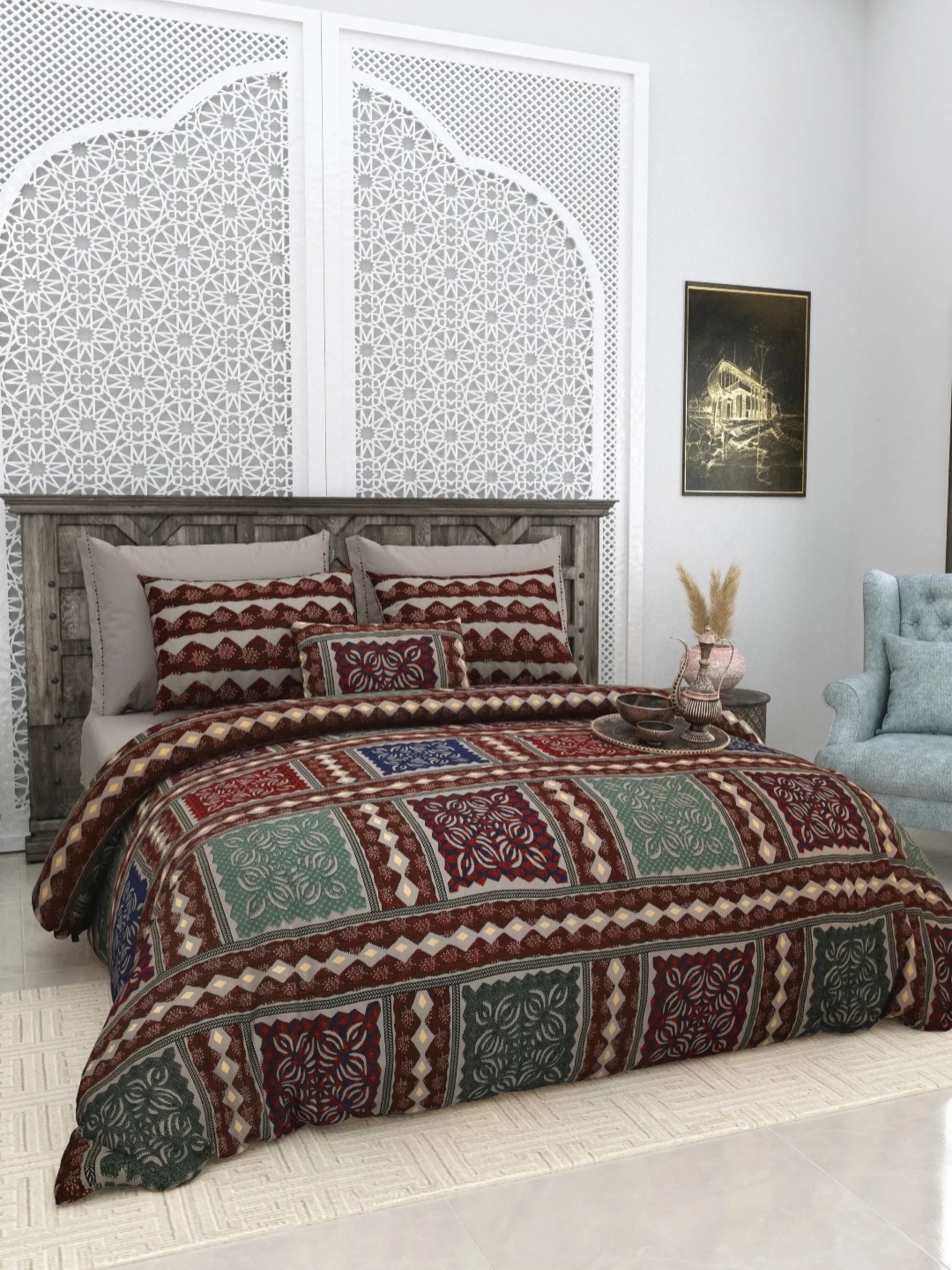 

LIVING ROOTS Super King Size Jaipur Block Print Cotton Double Bedsheet & 2 Pillow Covers, Brown