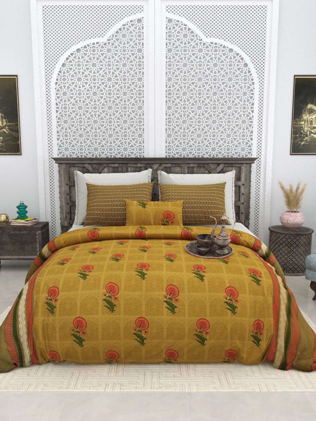 

LIVING ROOTS Super King Size Jaipur Block Print Cotton Double Bedsheet & 2 Pillow Covers, Yellow