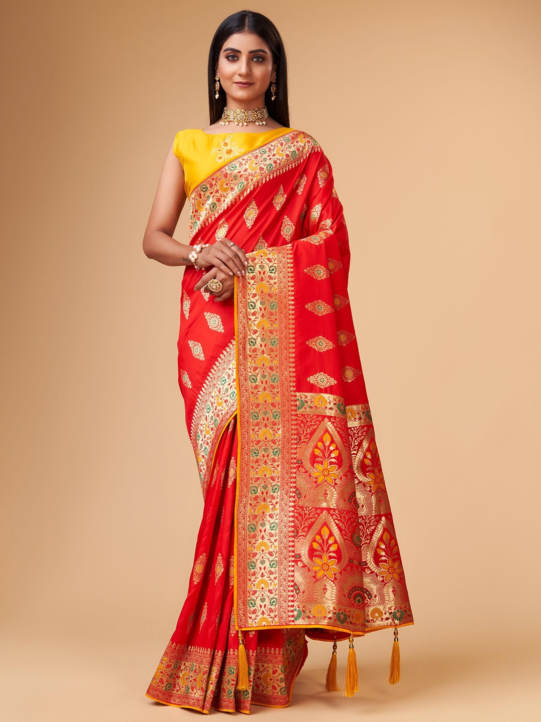 

Trendmalls Woven Design Zari Pure Silk Banarasi Saree, Red
