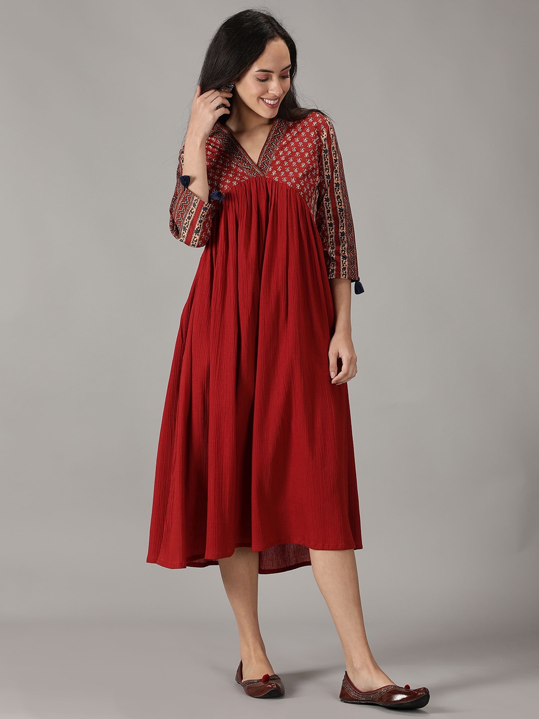 

HERE&NOW Floral Printed V-Neck Cotton A-Line Midi Ethnic Dress, Maroon