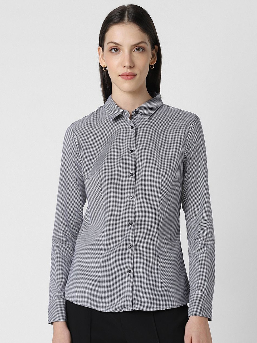 

Van Heusen Woman Spread Collar Checked Cotton Formal Shirt, Black