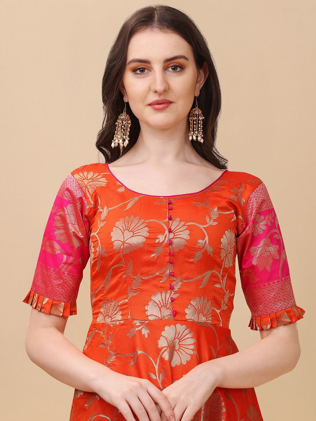 

KALINI Floral Embroidered Round Neck Fit and Flare Maxi Ethnic Dresses With Dupatta, Orange