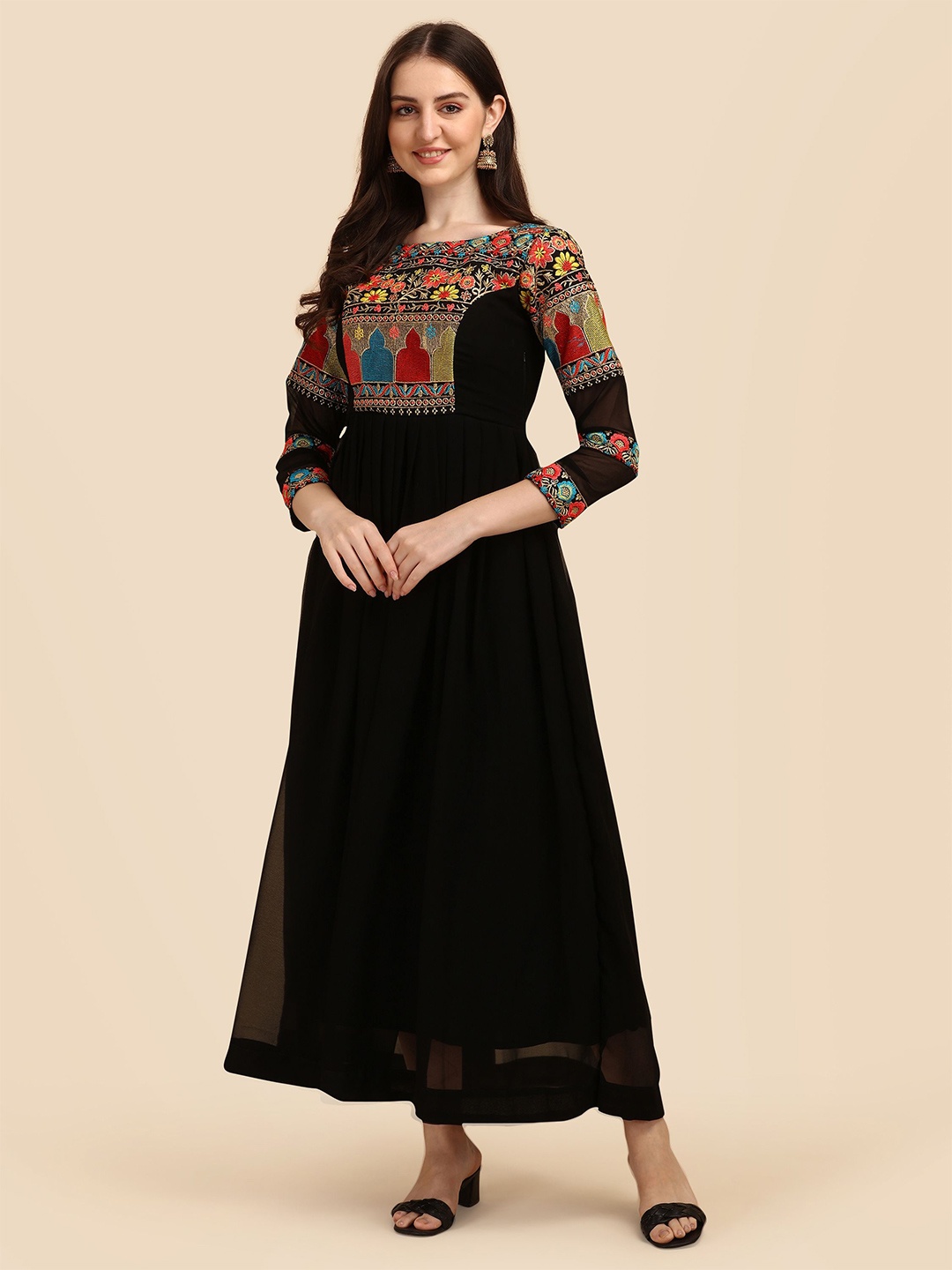 

KALINI Ethnic Motifs Embroidered Boat neck A-Line Maxi Dress, Black