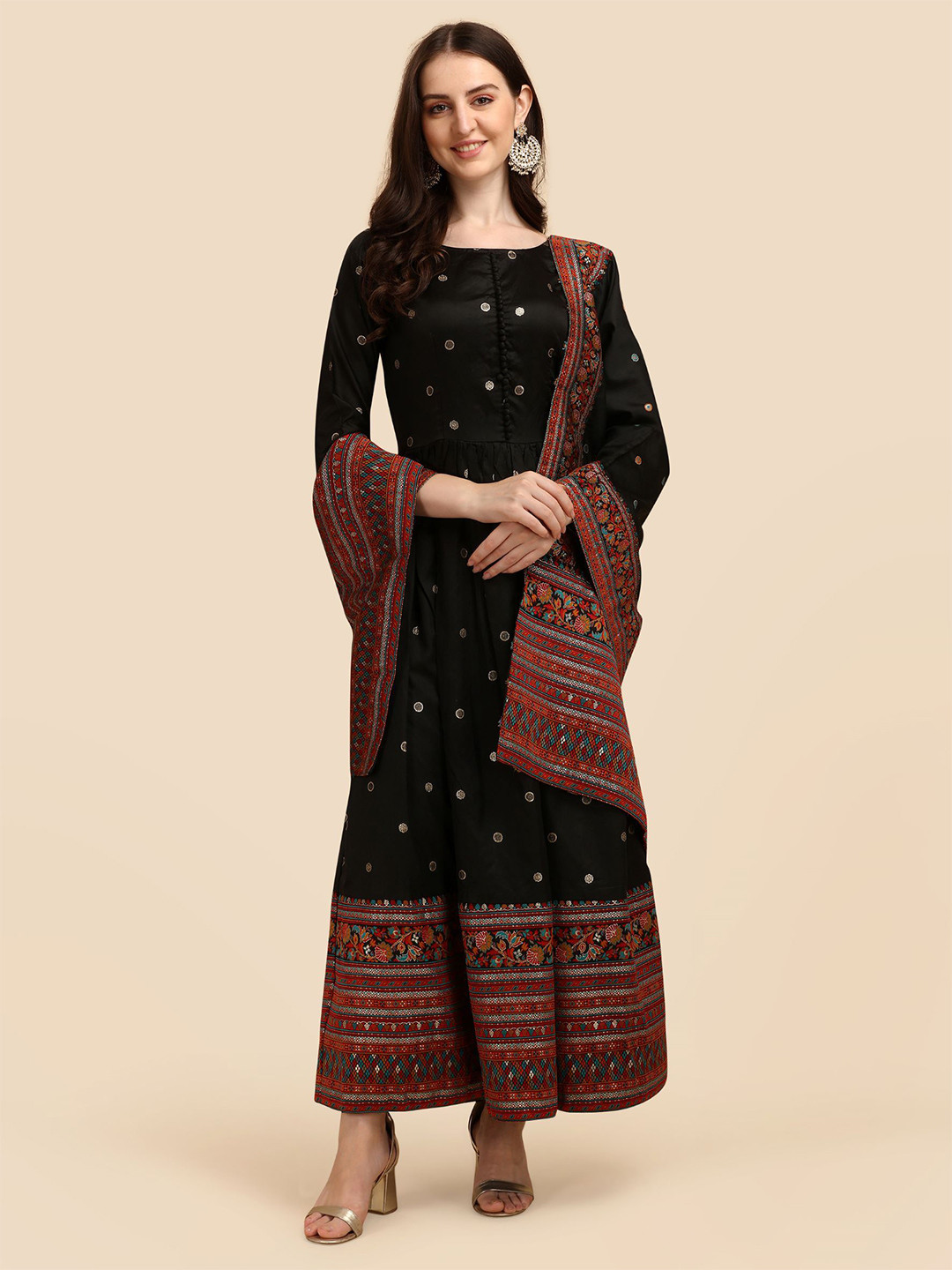 

Vidraa Western Store Ethnic Motifs Printed Jacquard Maxi Dress With Dupatta, Black