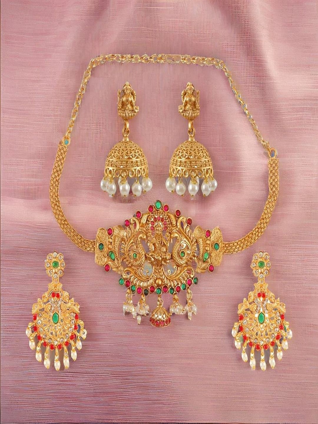

UNIVERSITY TRENDZ Gold-Plated Artificial Stone-Studded and Beaded Jewellery Set