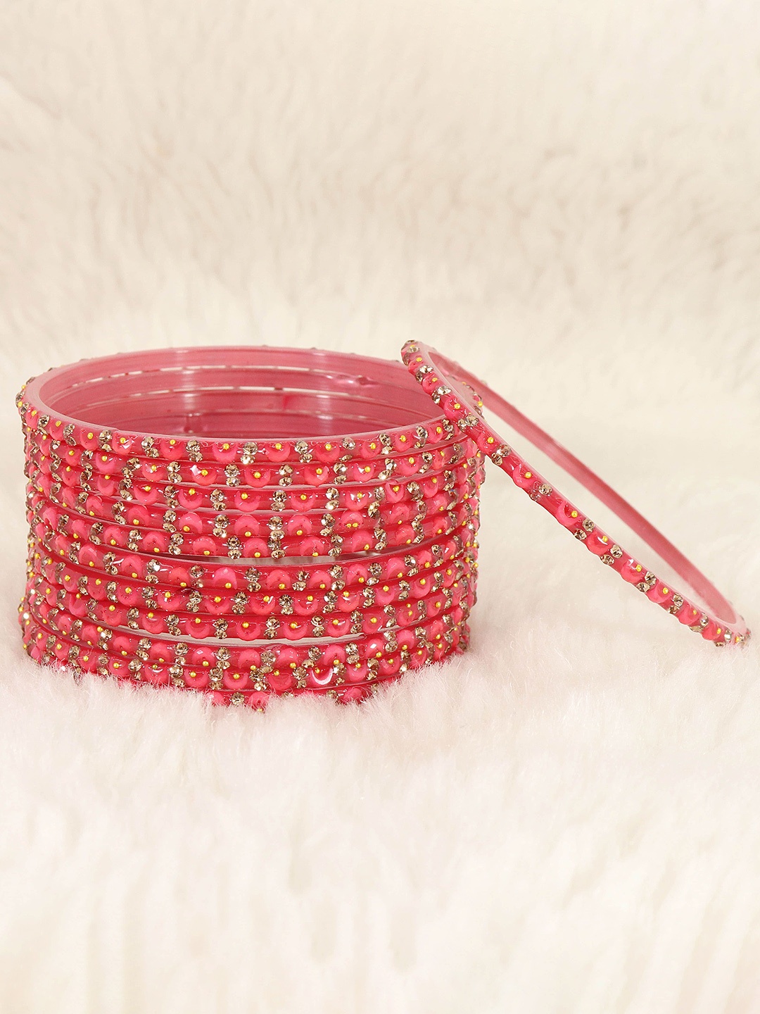 

LAVAZZA Set of 12 Zircon-Stones & beads Studded Glass Bangles, Pink