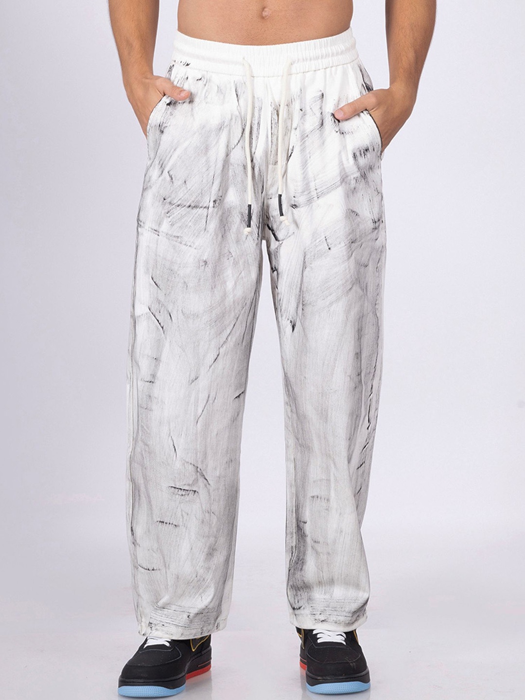 

DIMEH Men Abstract Printed Loose Relaxed Fit Pure Cotton Trousers, White