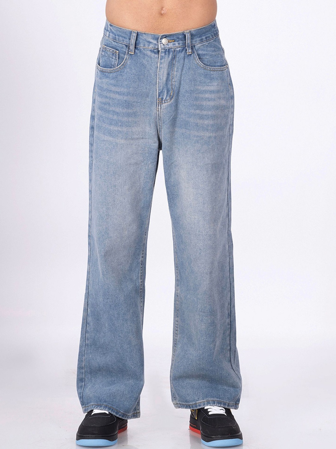 

DIMEH Men Loose Relaxed Fit Low Distress Light Fade Jeans, Blue
