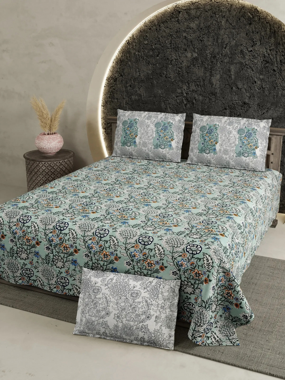 

LIVING ROOTS Super King Size Jaipur Block Print Cotton Double Bedsheet & 2 Pillow Covers, Green