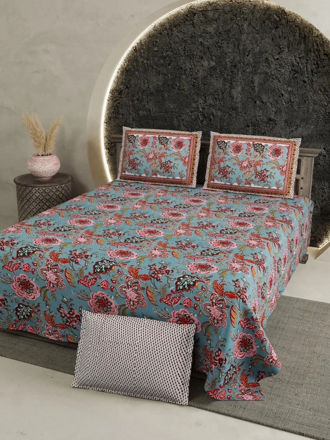 

LIVING ROOTS Super King Size Jaipur Block Print Cotton Double Bedsheet & 2 Pillow Covers, Grey