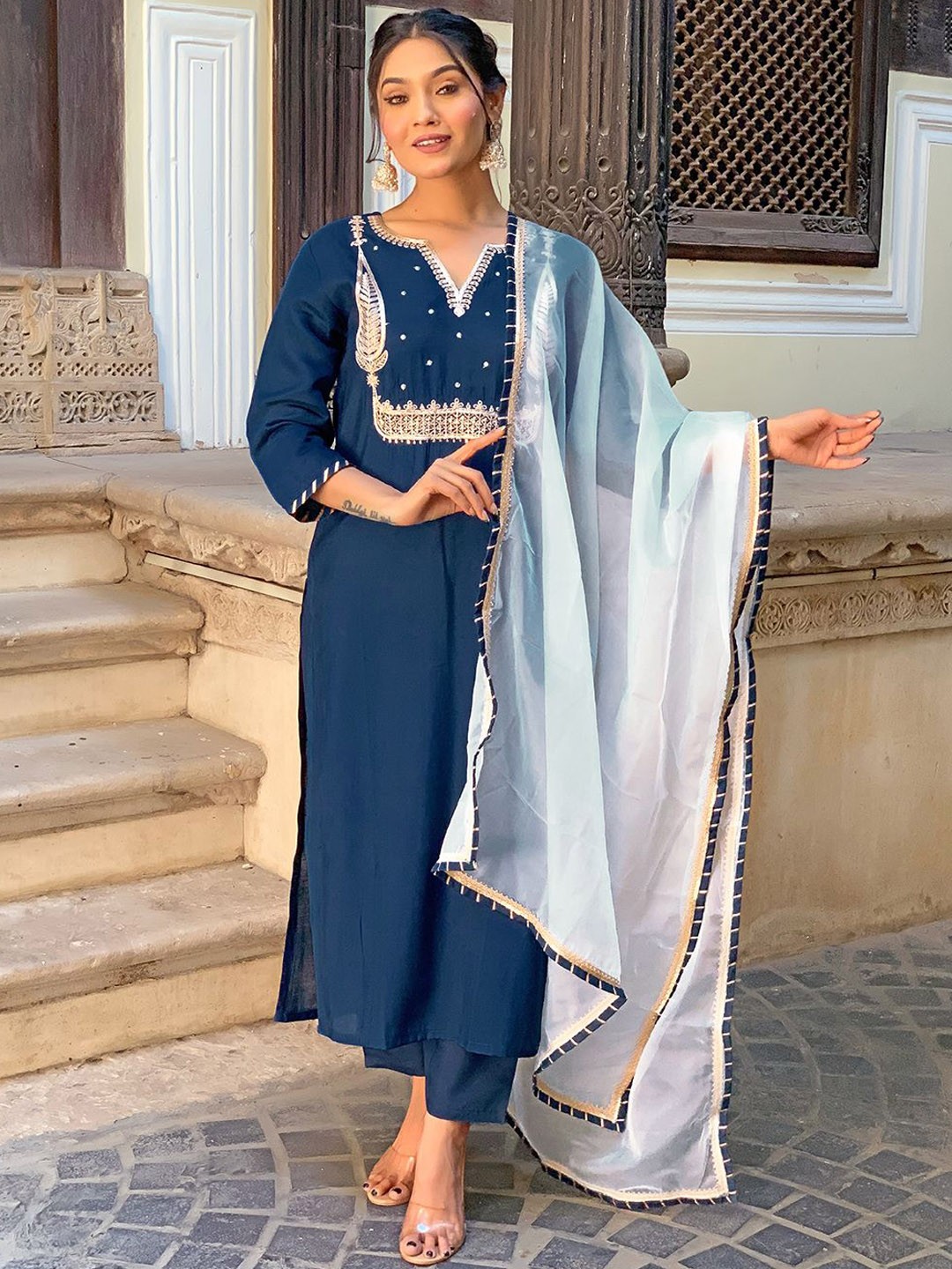 

KALINI Paisley Embroidered Straight Kurta With Trousers & Dupatta, Turquoise blue