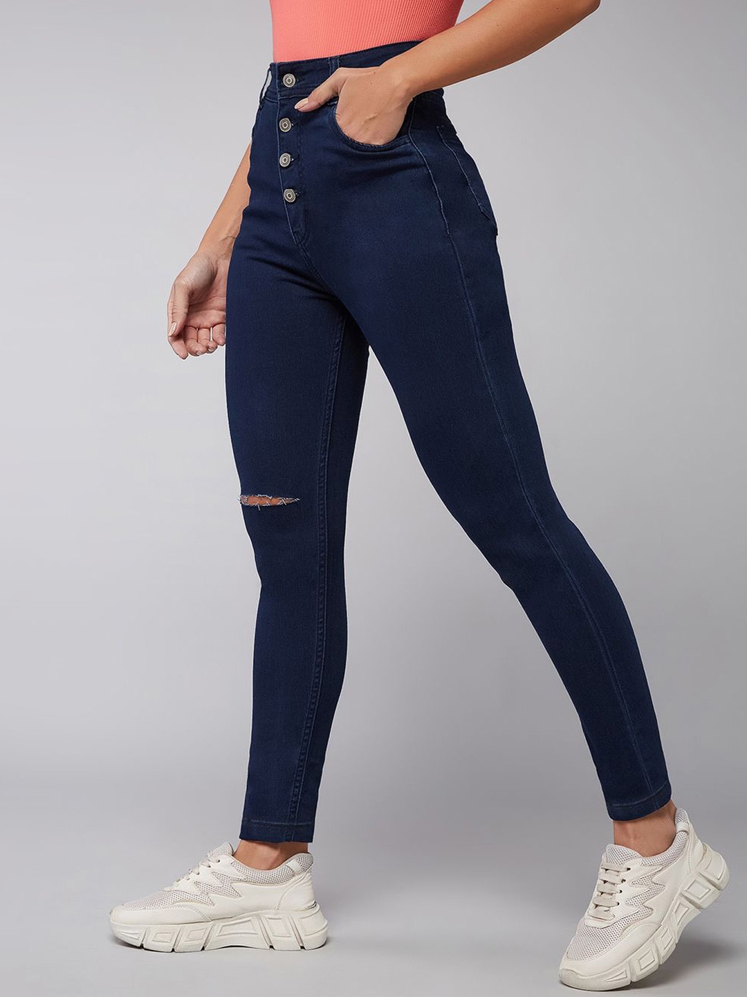 

DOLCE CRUDO Women Skinny Fit High-Rise Slash Knee Look Stretchable Jeans, Navy blue