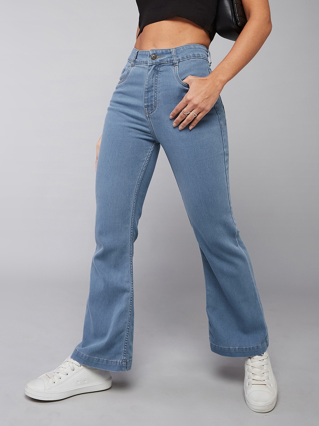 

DOLCE CRUDO Women Bootcut High rise Clean look Regular Stretchable Denim Jeans, Blue