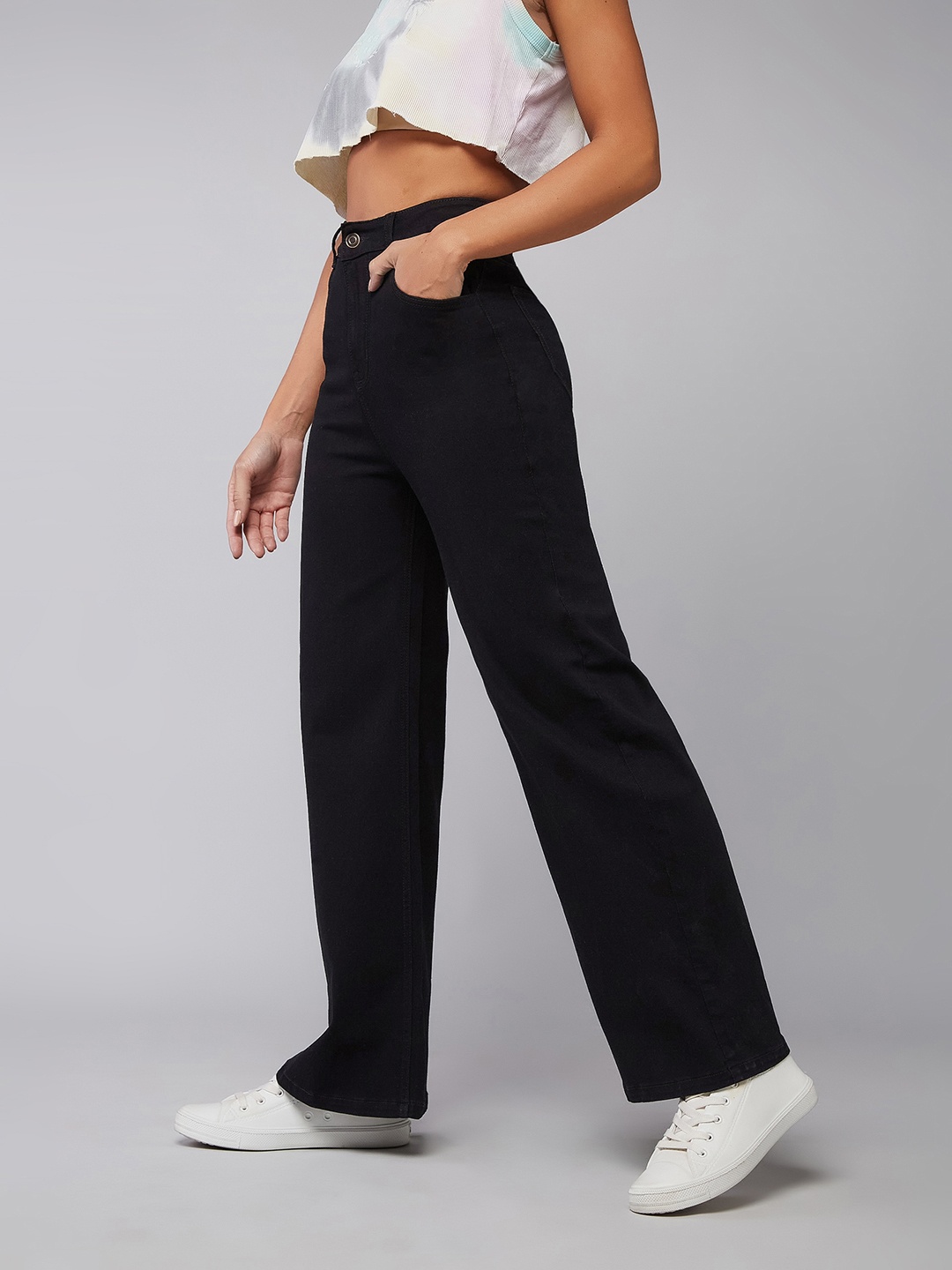 

DOLCE CRUDO Women Wide Leg High Rise Clean Look Regular-Length Stretchable Denim Jeans, Black