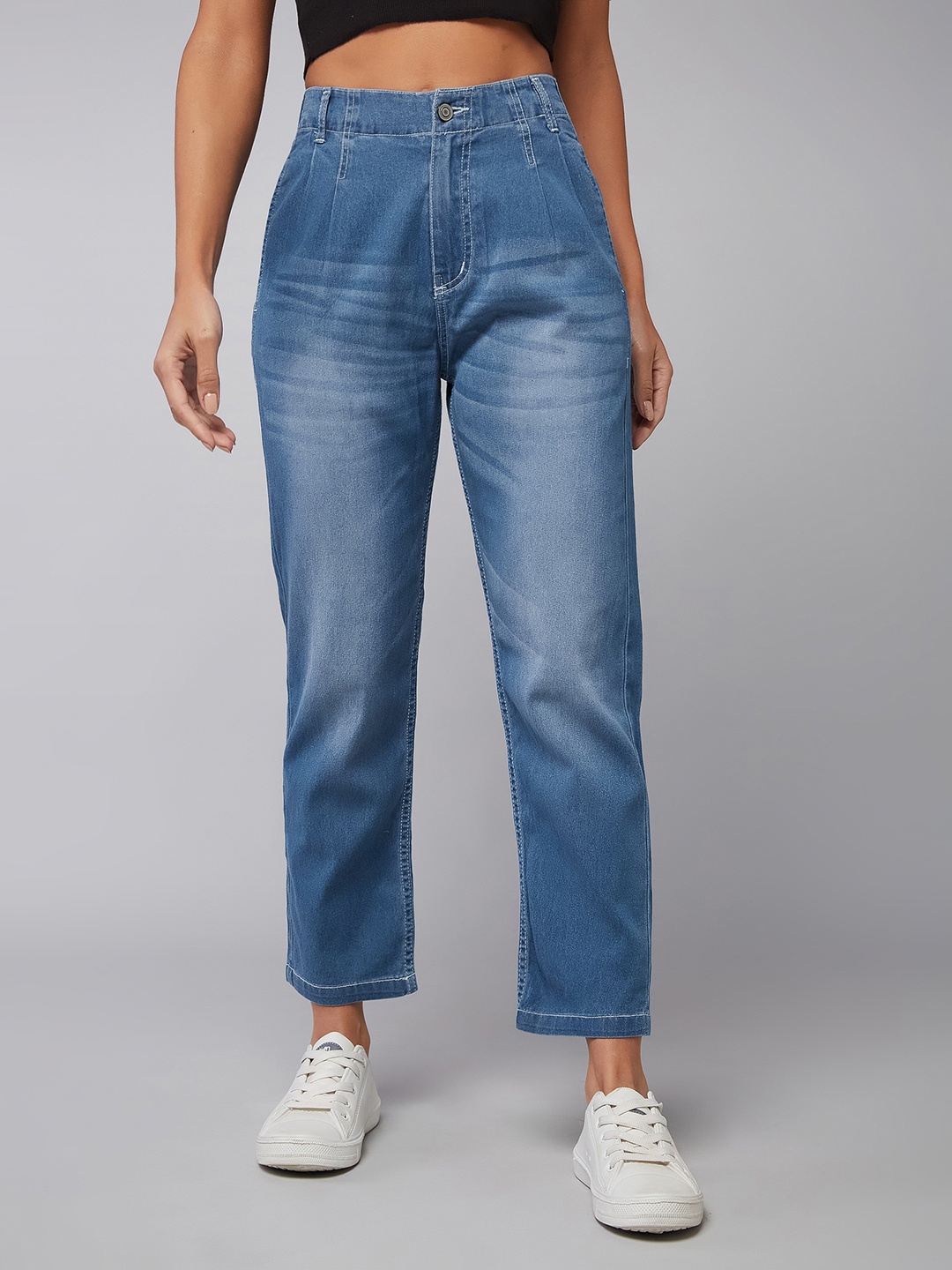 

DOLCE CRUDO Women Straight High Rise Clean Look Regular Stretchable Denim Jeans, Blue