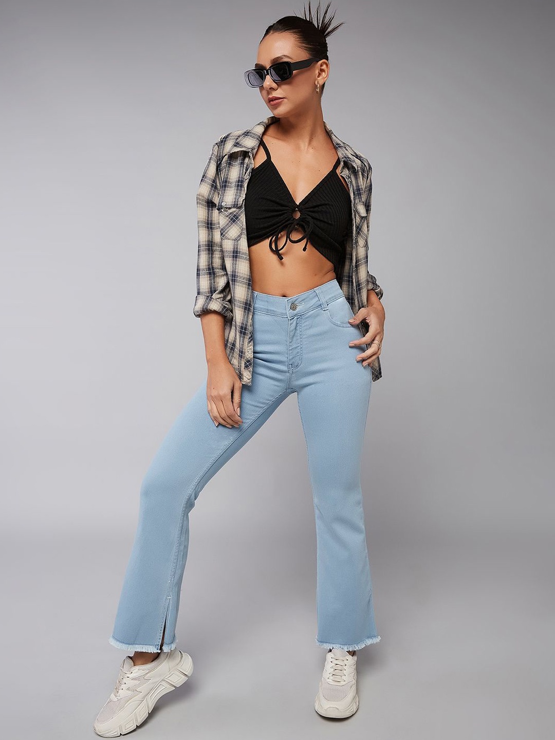

DOLCE CRUDO Women Bootcut High-Rise Stretchable Clean Look Jeans, Blue