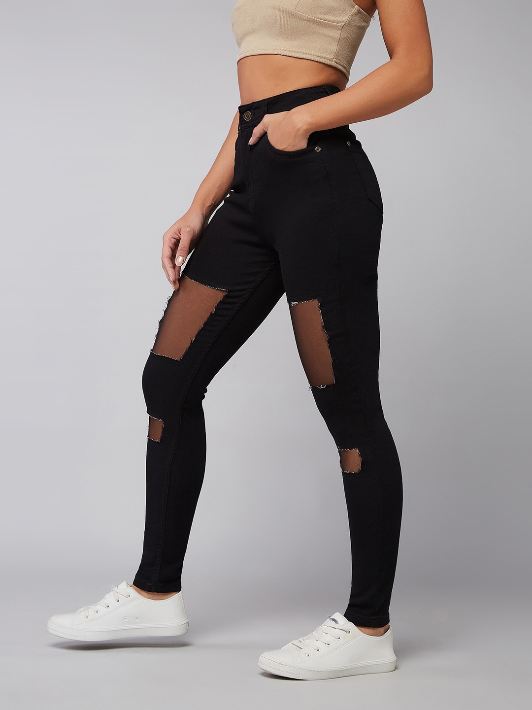 

DOLCE CRUDO Women Slim Fit High-Rise Mildly Distressed Stretchable Jeans, Black