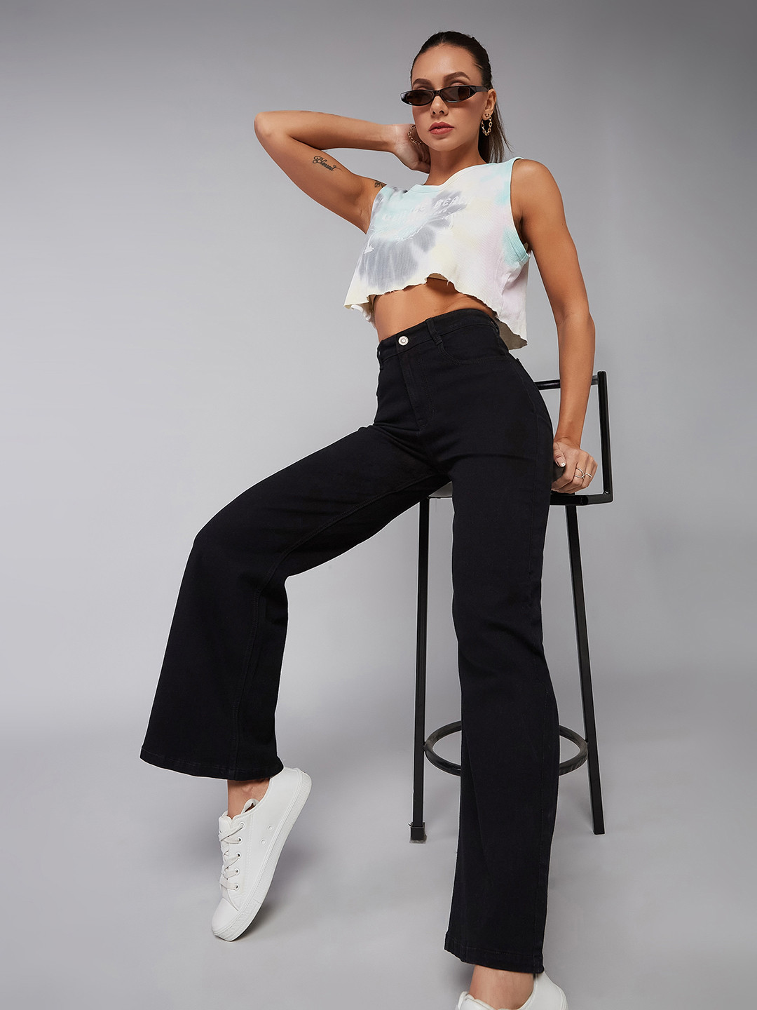 

DOLCE CRUDO Women Wide Leg High Rise Clean Look Regular-Length Stretchable Denim Jeans, Black