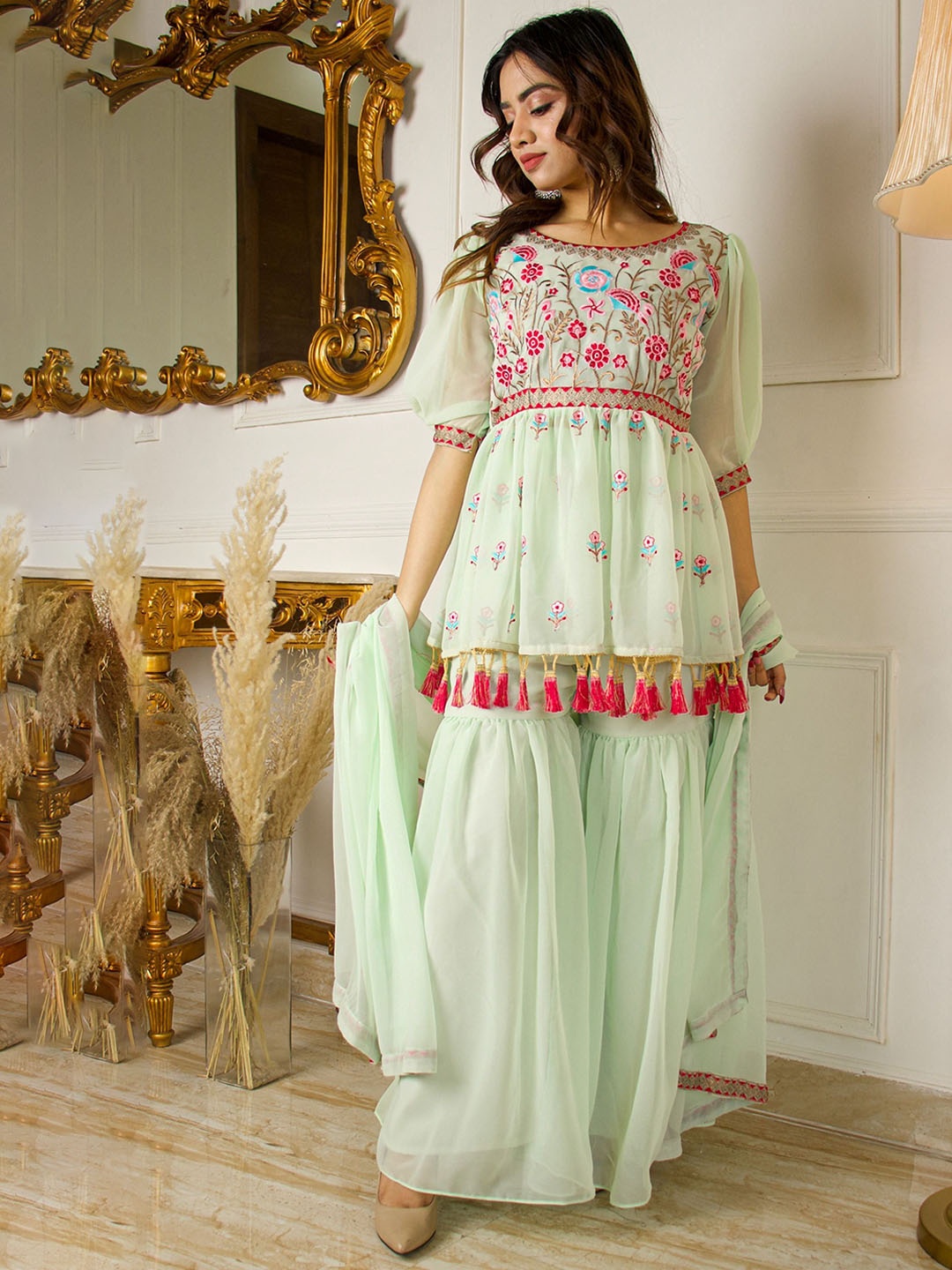 

KALINI Floral Embroidered Thread Work A-Line Kurti with Sharara & Dupatta, Green