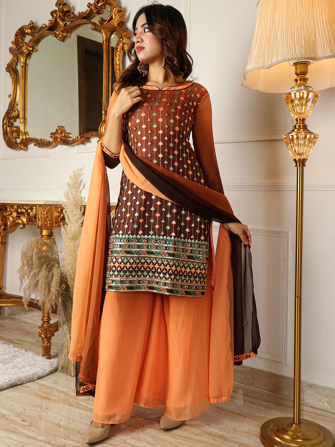 

KALINI Floral Embroidered Sequinned Straight Kurti With Palazzos & Dupatta, Peach