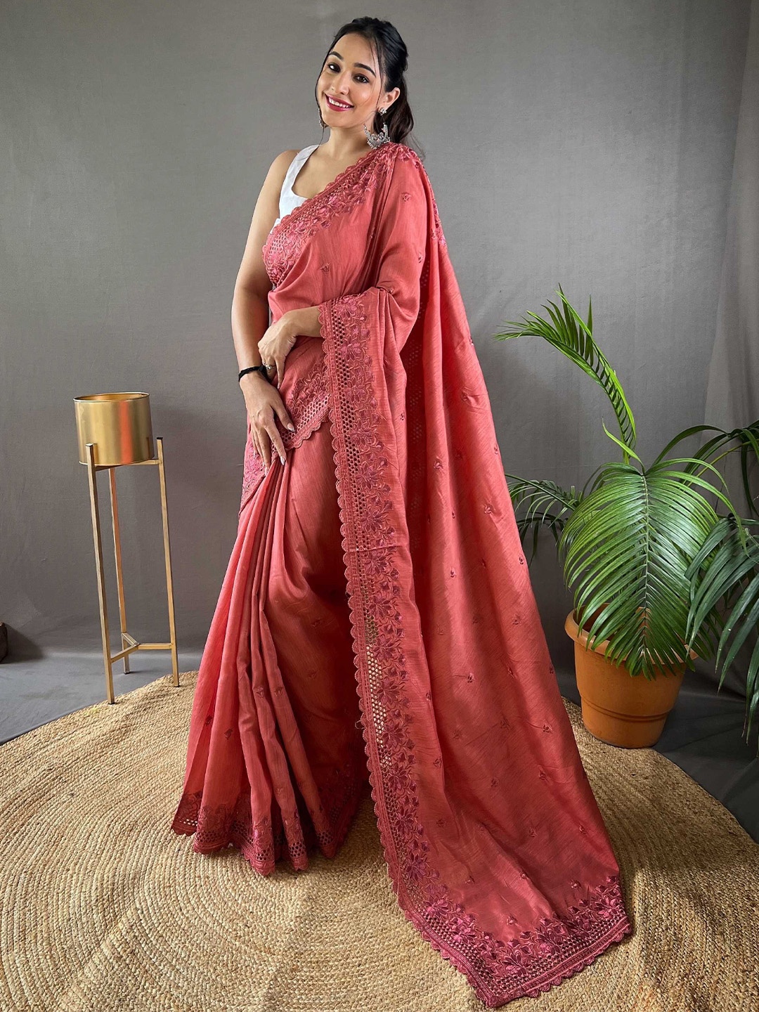 

Mitera Embroidered Saree With Blouse Piece, Peach