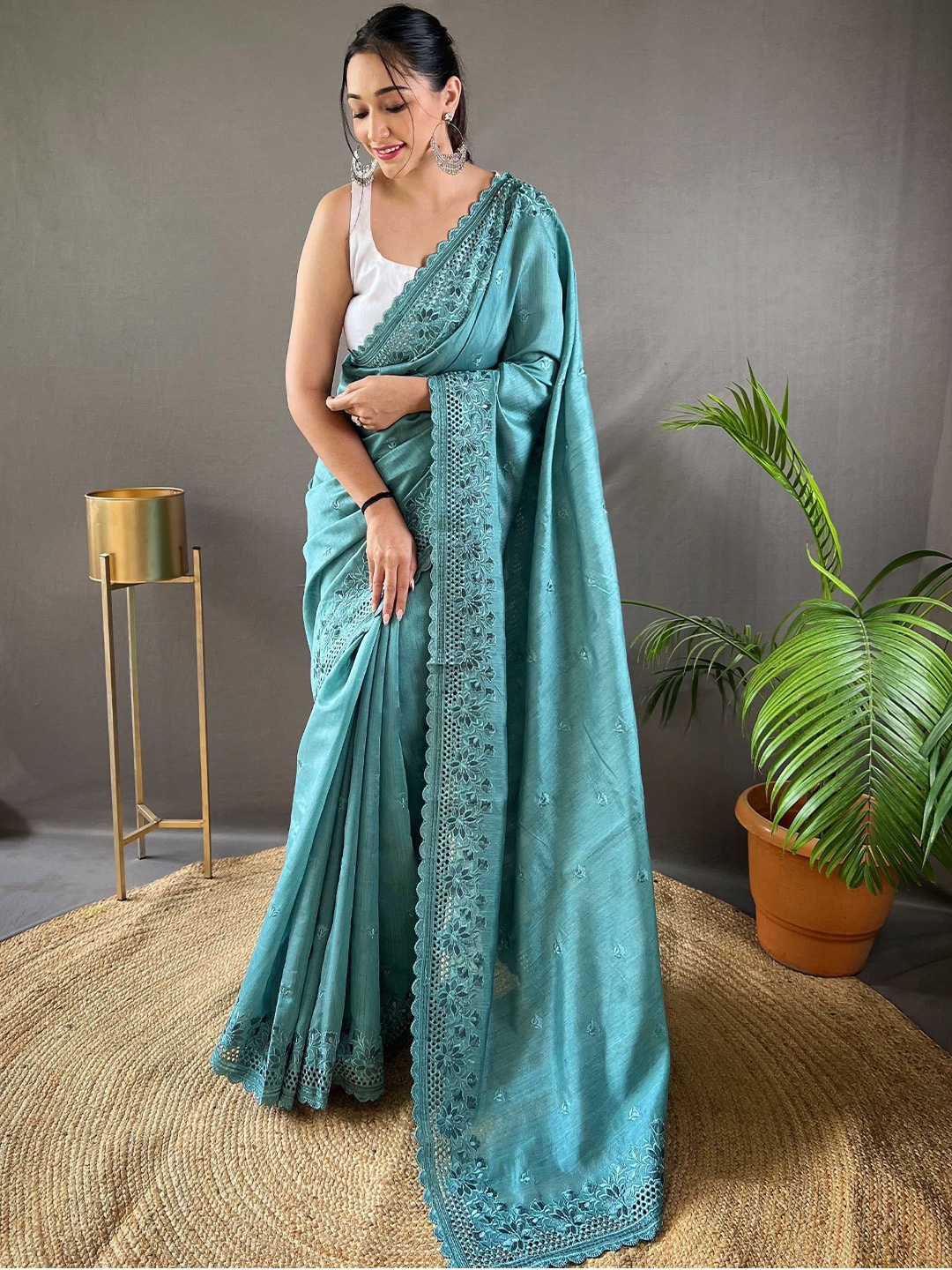 

Mitera Embroidered Saree With Blouse Piece, Blue