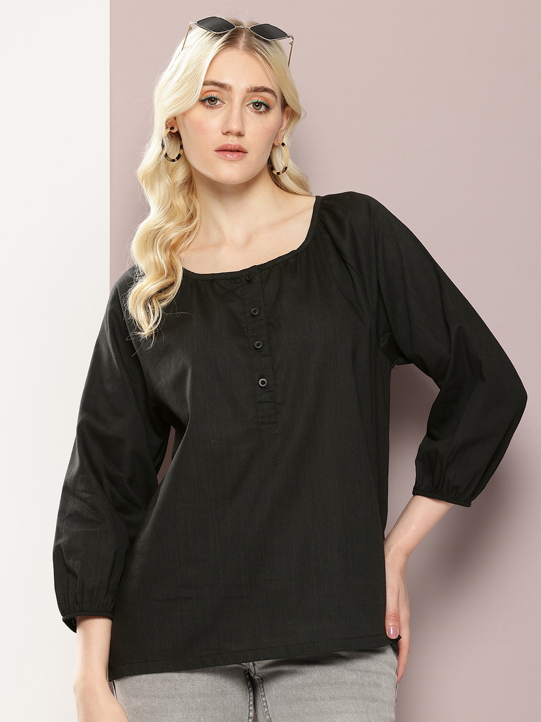 

Kook N Keech Puff Sleeves Longline Top, Black