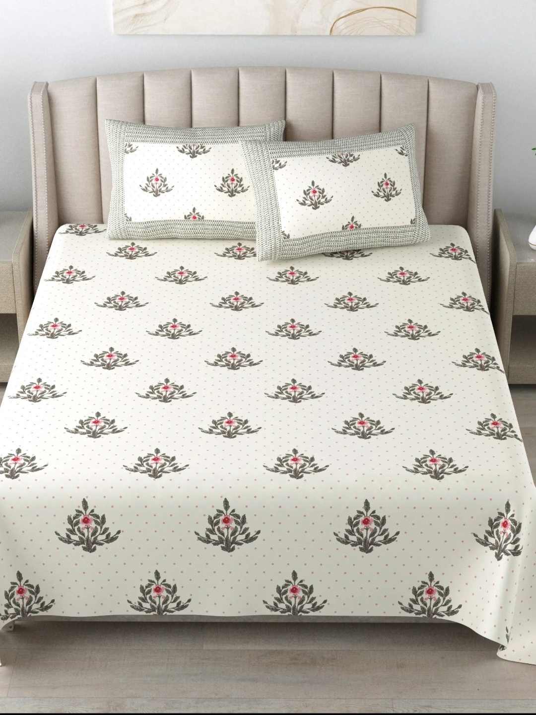 

LIVING ROOTS Super King Size Jaipur Block Print Cotton Double Bedsheet & 2 Pillow Covers, Green