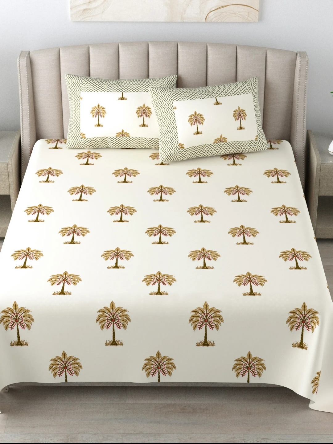 

LIVING ROOTS Super King Size Jaipur Block Print Cotton Double Bedsheet & 2 Pillow Covers, Green