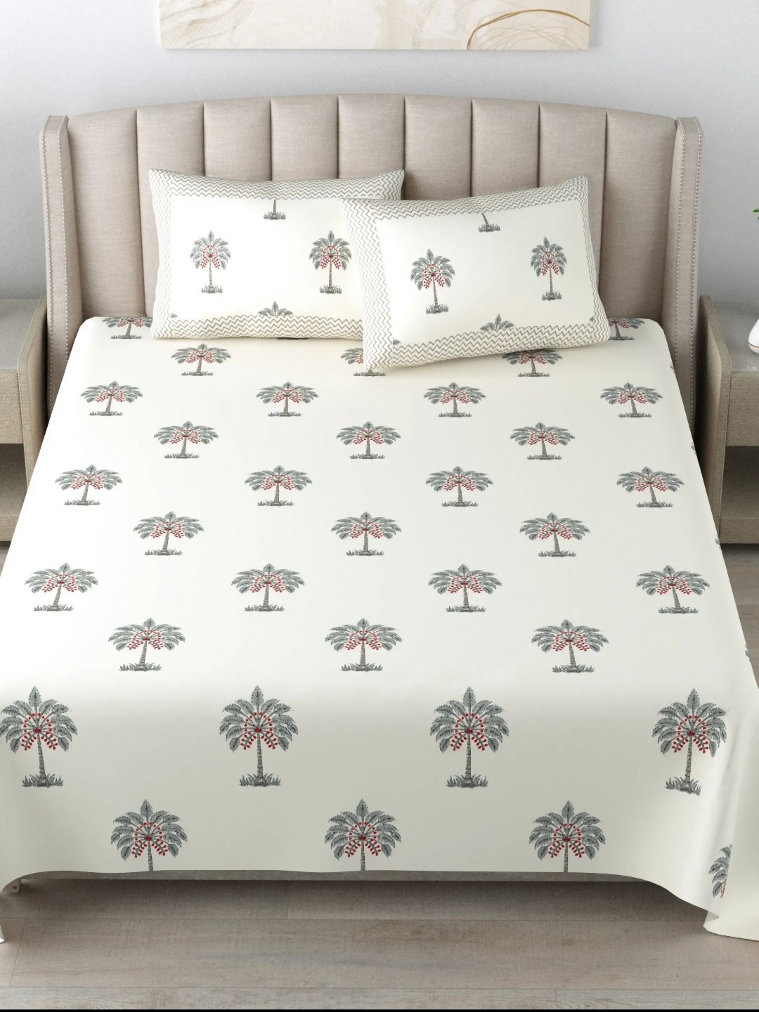 

LIVING ROOTS Super King Size Jaipur Block Print Cotton Double Bedsheet & 2 Pillow Covers, Grey