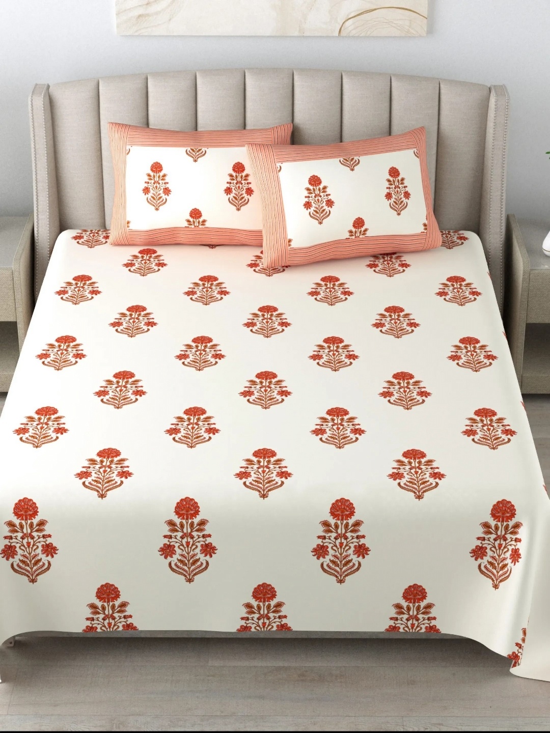 

LIVING ROOTS Super King Size Jaipur Block Print Cotton Double Bedsheet & 2 Pillow Covers, Pink