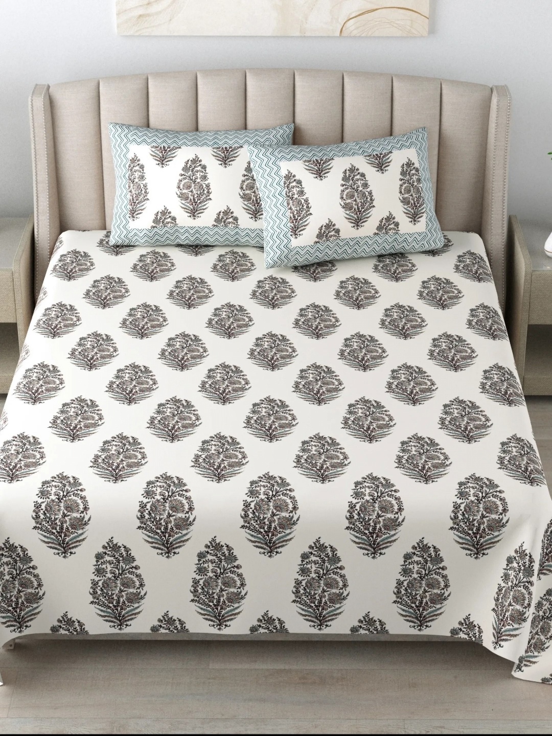 

LIVING ROOTS Super King Size Jaipur Block Print Cotton Double Bedsheet & 2 Pillow Covers, Green