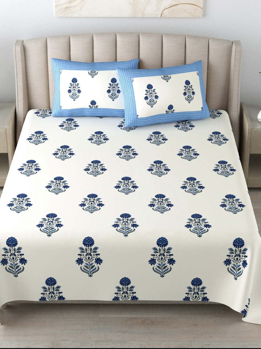 

LIVING ROOTS Super King Size Jaipur Block Print Cotton Double Bedsheet & 2 Pillow Covers, Blue
