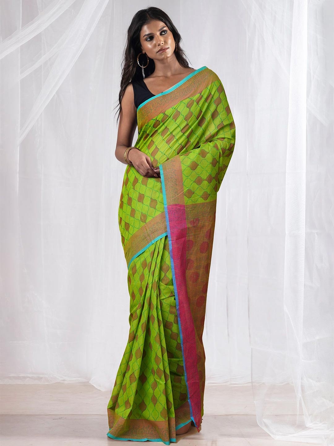 

Unnati Silks Ethnic Motifs Pure Cotton Handloom Mangalagiri Saree, Green