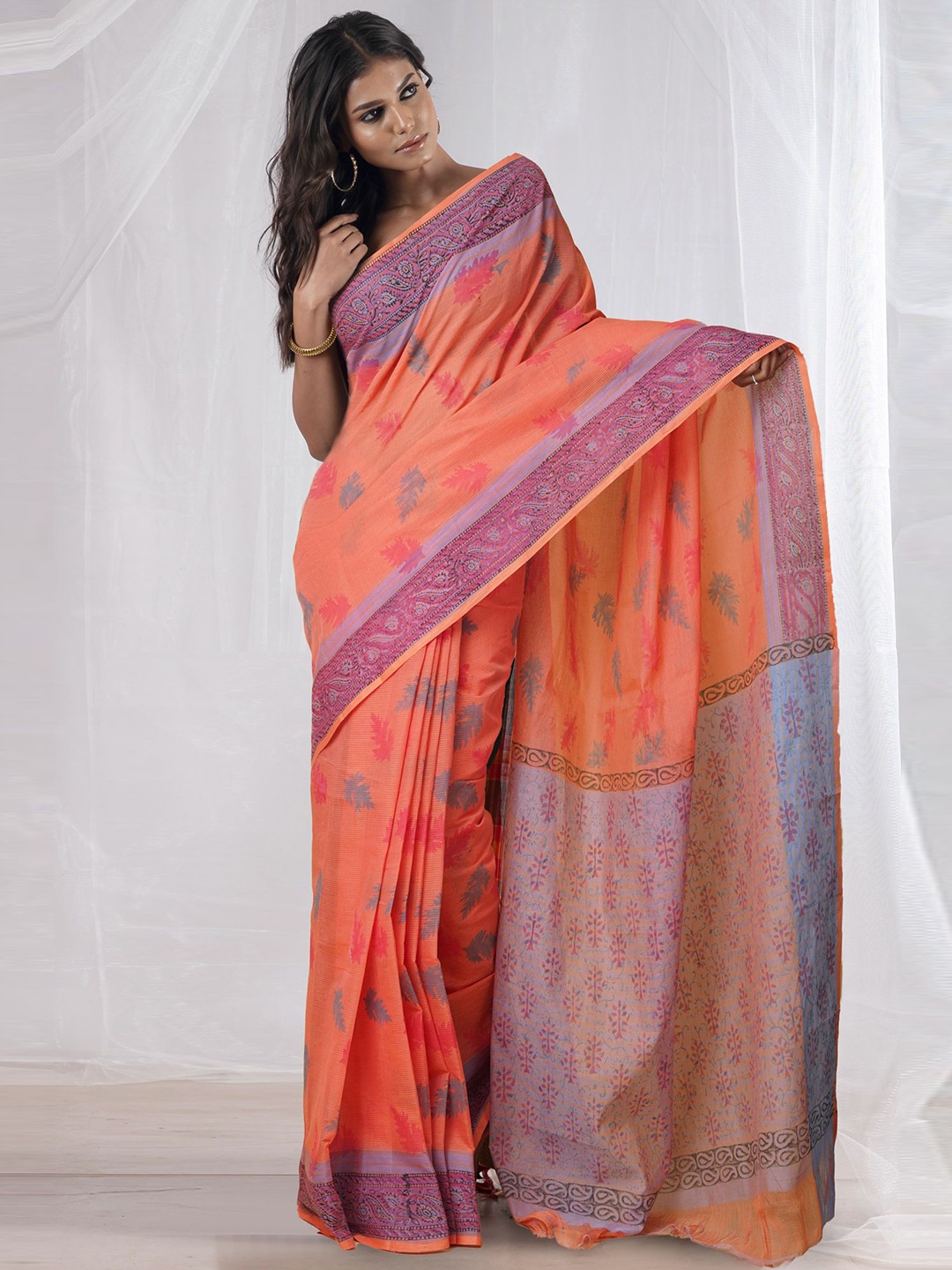 

Unnati Silks Ethnic Motifs Pure Cotton Handloom Mangalagiri Saree, Orange