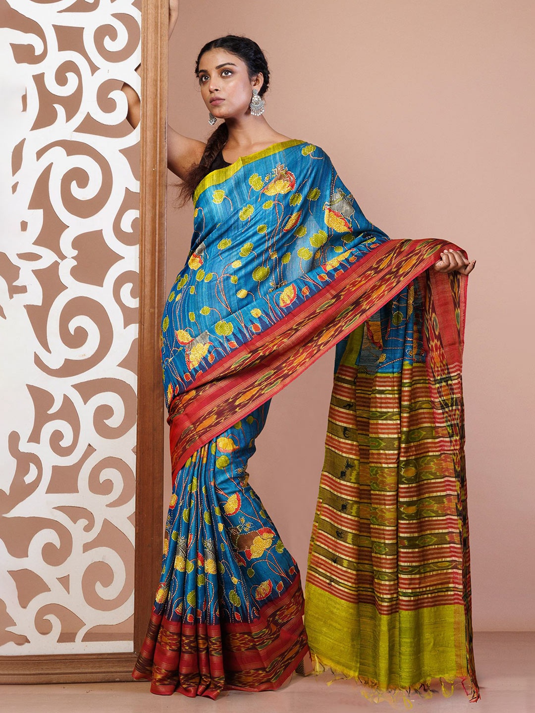 

Unnati Silks Ethnic Motifs Kantha Work Pure Silk Handloom Tussar Saree, Blue