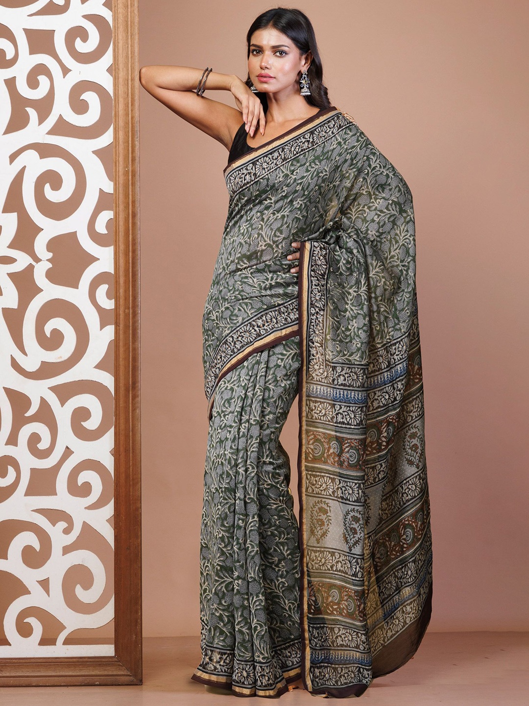 

Unnati Silks Kalamkari Zari Bagru Chanderi Saree, Green