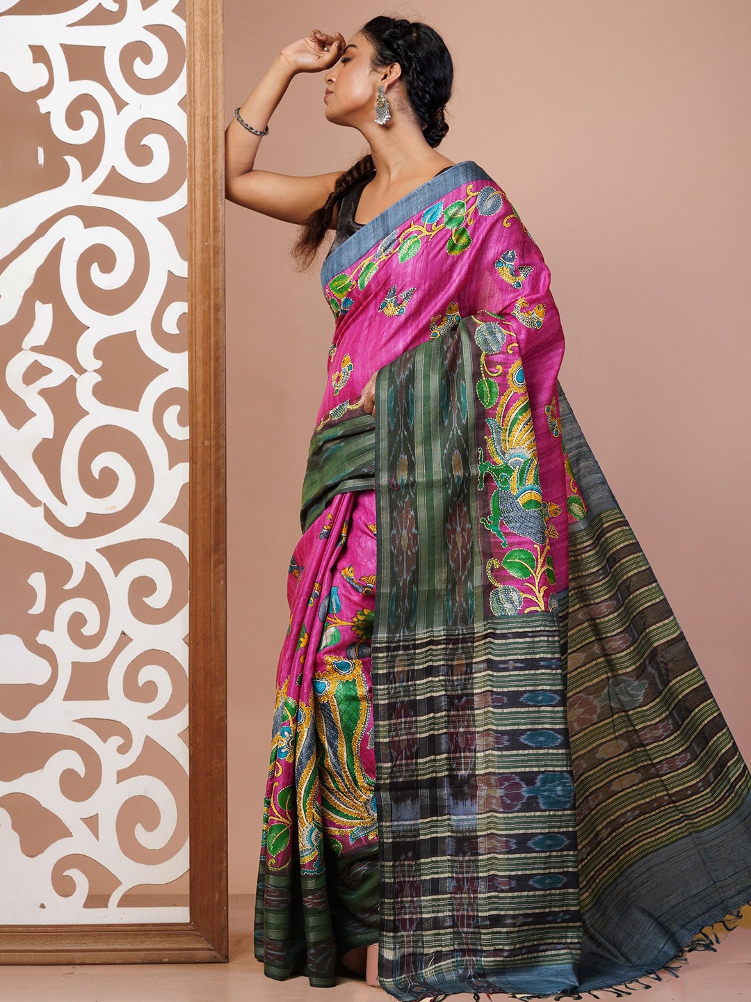 

Unnati Silks Ethnic Motifs Kantha Work Pure Silk Tussar Saree, Pink