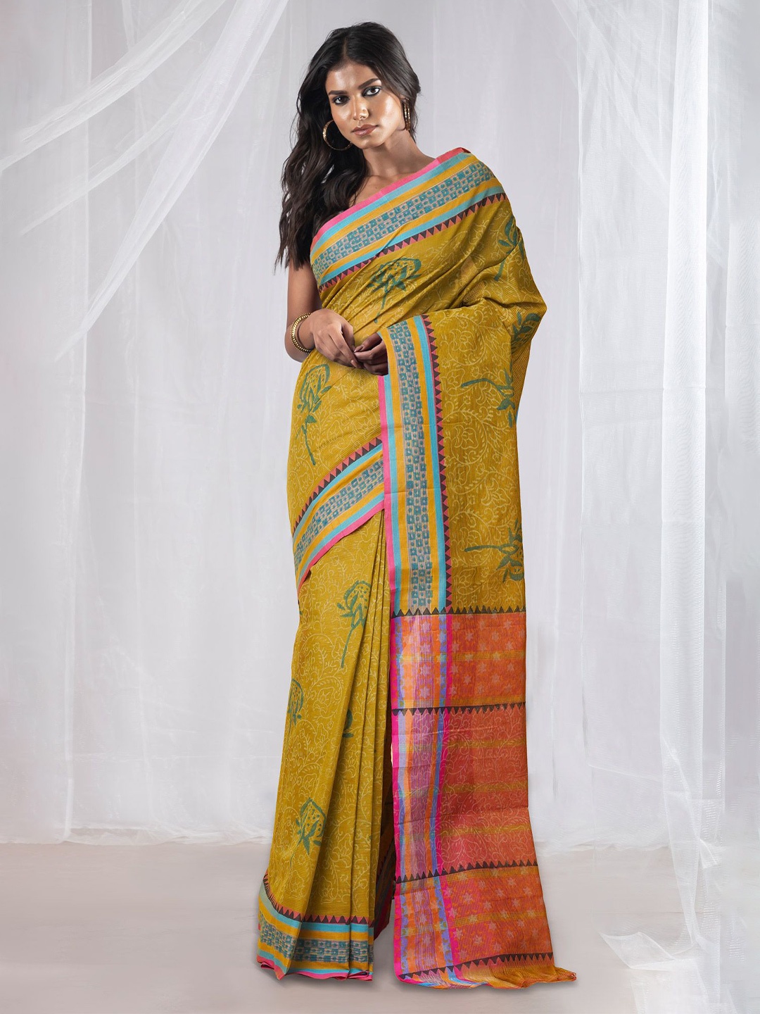 

Unnati Silks Ethnic Motifs Pure Cotton Handloom Mangalagiri Saree, Green