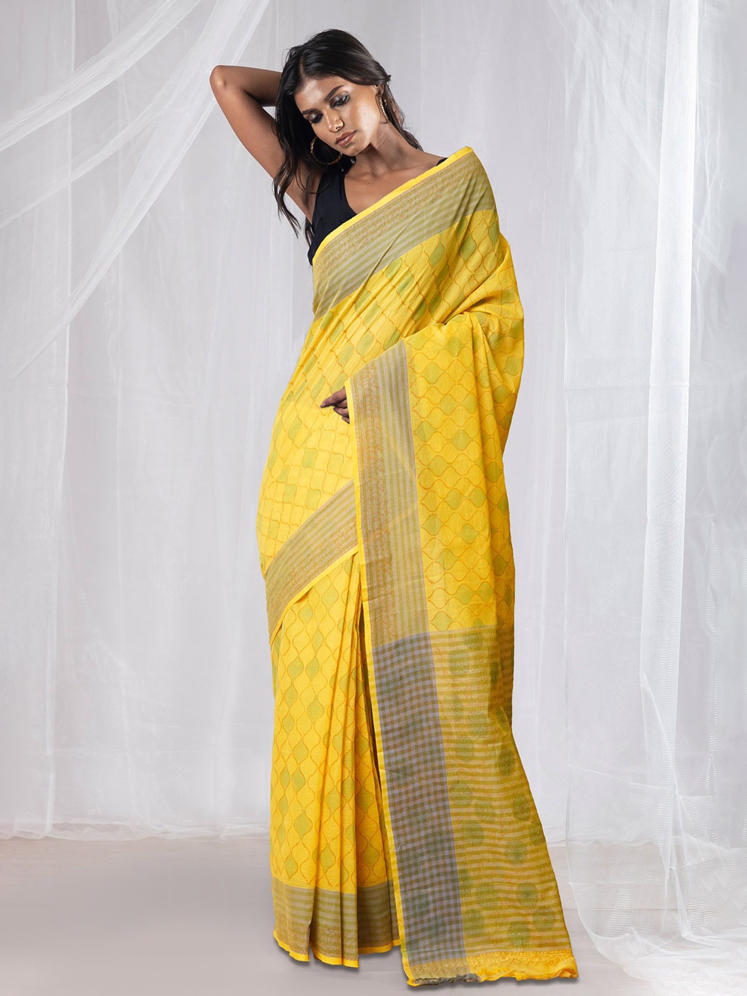 

Unnati Silks Ethnic Motifs Pure Cotton Handloom Mangalagiri Saree, Yellow