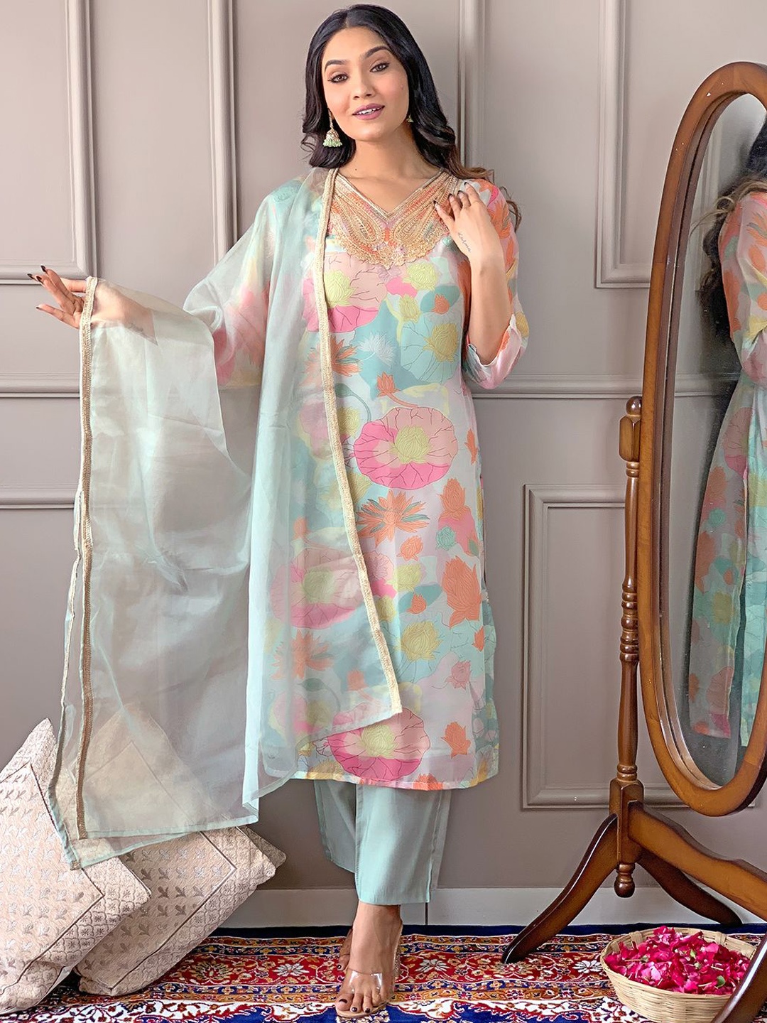 

KALINI Floral Printed Regular Patch Work Straight Kurta With Trousers & Dupatta, Turquoise blue