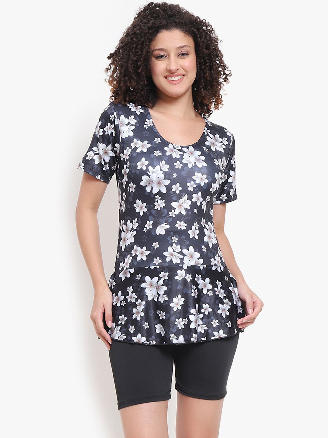 Lebami Floral Printed Round Neck Legsuit Swimwear, Black