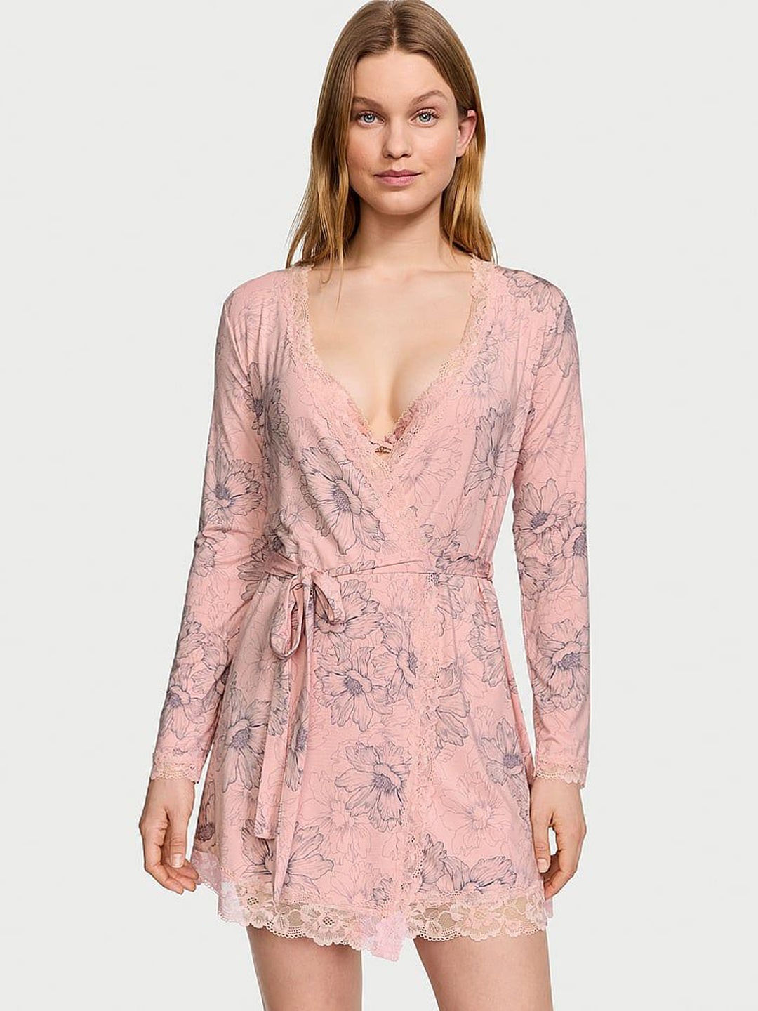 

Victoria's Secret Floral Printed Relaxed Fit Lace-Trim Mini Robe, Peach