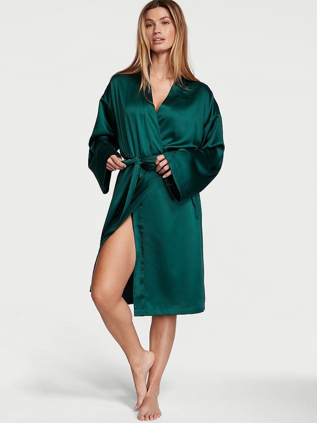 

Victoria's Secret V-Neck Relaxed Fit Satin Midi Robe, Green