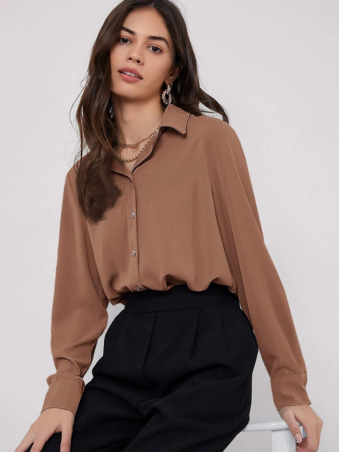 

FNOCKS Classic Cotton Spread Collar Casual Shirt, Brown