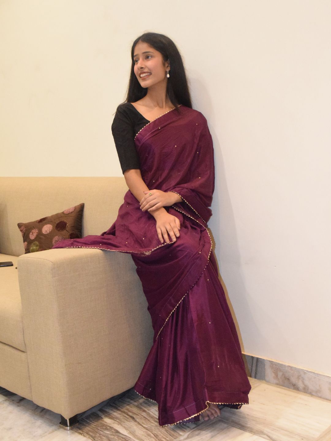 

PRETTY PALLU Embellished Kota Saree, Maroon