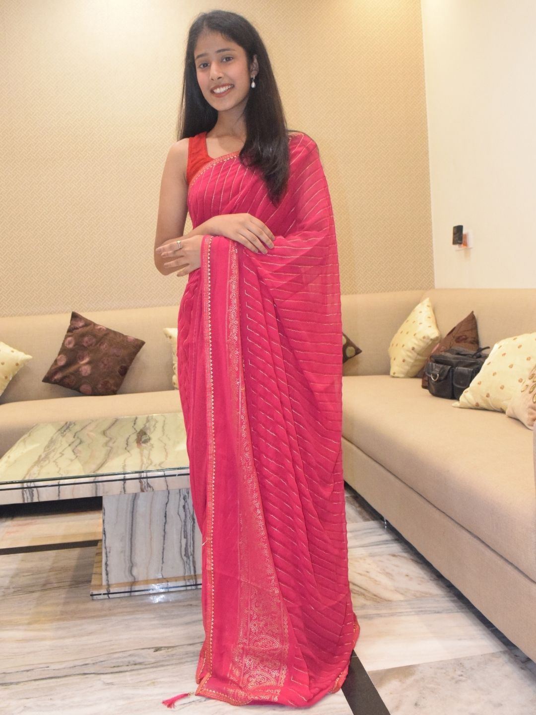 

PRETTY PALLU Striped Chiffon Kota Saree, Pink