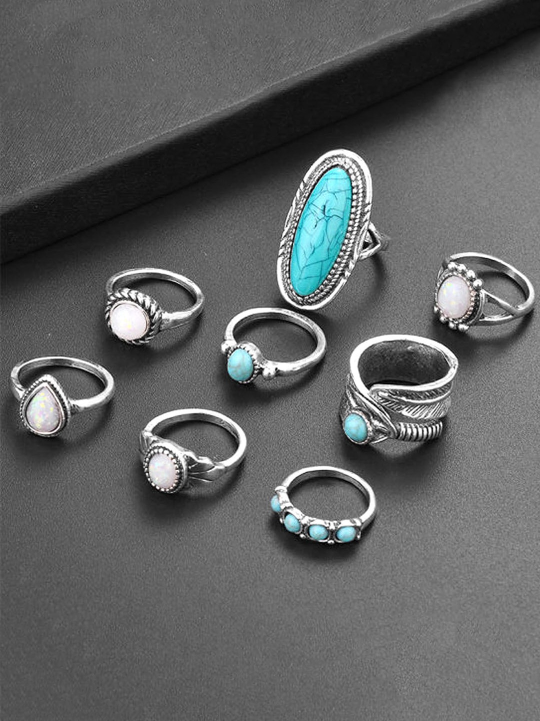 

Yellow Chimes Set Of 8 Silver-Plated Stone-Studded Oxidised Finger Rings